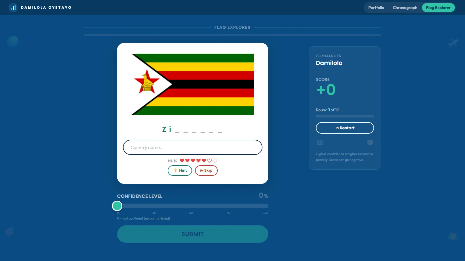 Flag Explorer mid-game: a flag to identify, letter hints and the confidence slider